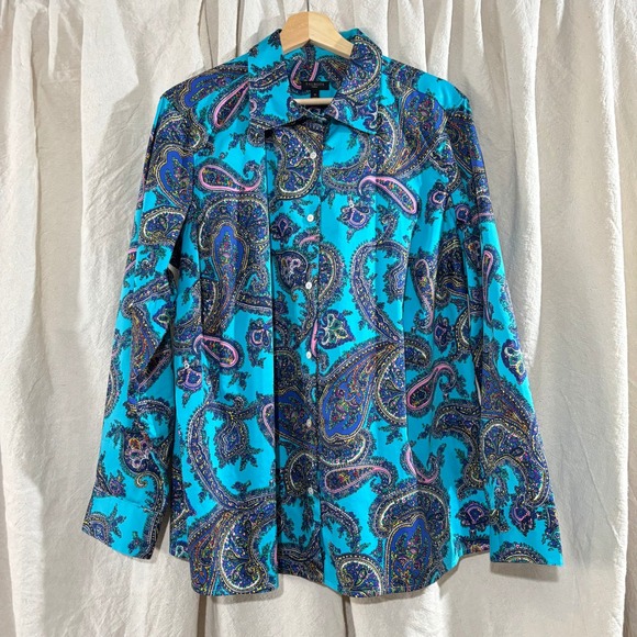 Talbots Tops - Talbots NWOT 1X Turquoise Blue Paisley Cotton Stretch Button Down Shirt Blouse